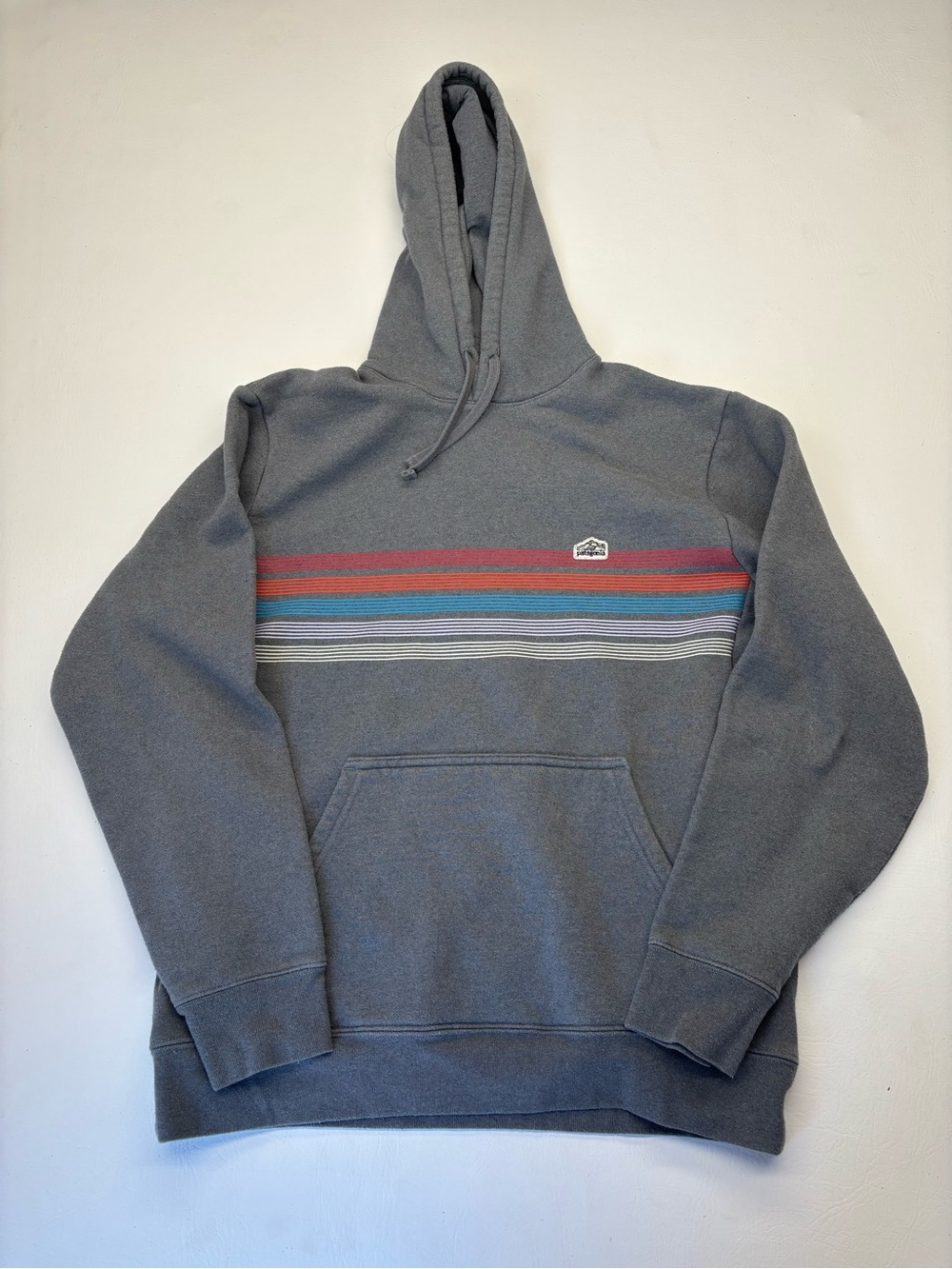 Patagonia Gray Hoodie with Red, Teal and Light Gray Stripes Woman’s L Mens M